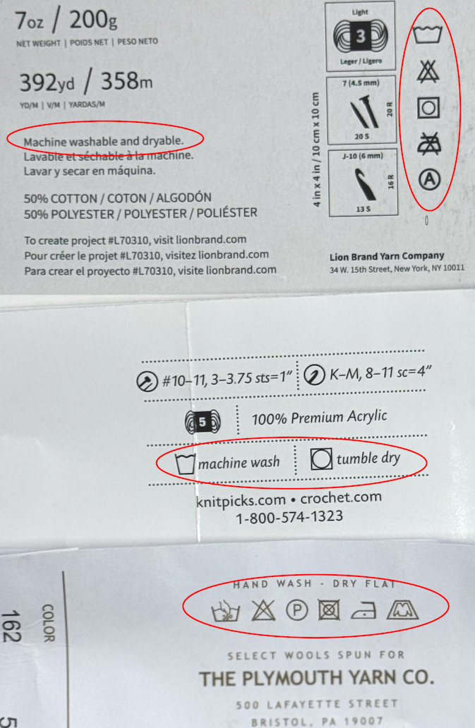 Three yarn labels showing with differing laundry instructions