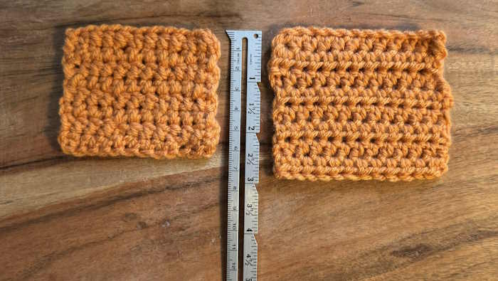 A comparison of two crochet swatches of the half double crochet stitch, one worked with yarn over and the other yarn under technque