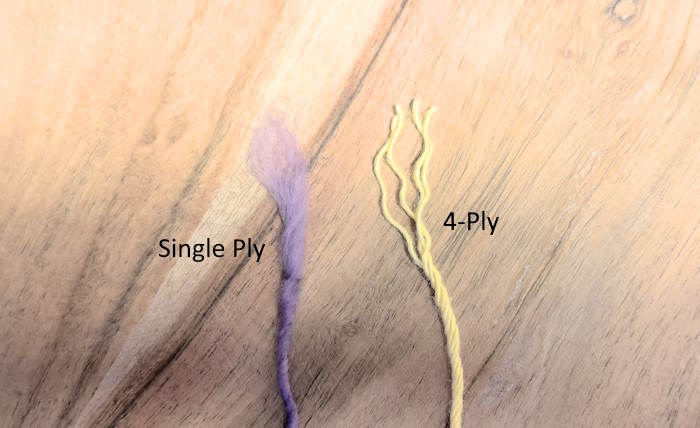 Demonstration of yarn plies showing 4 and single ply yarn